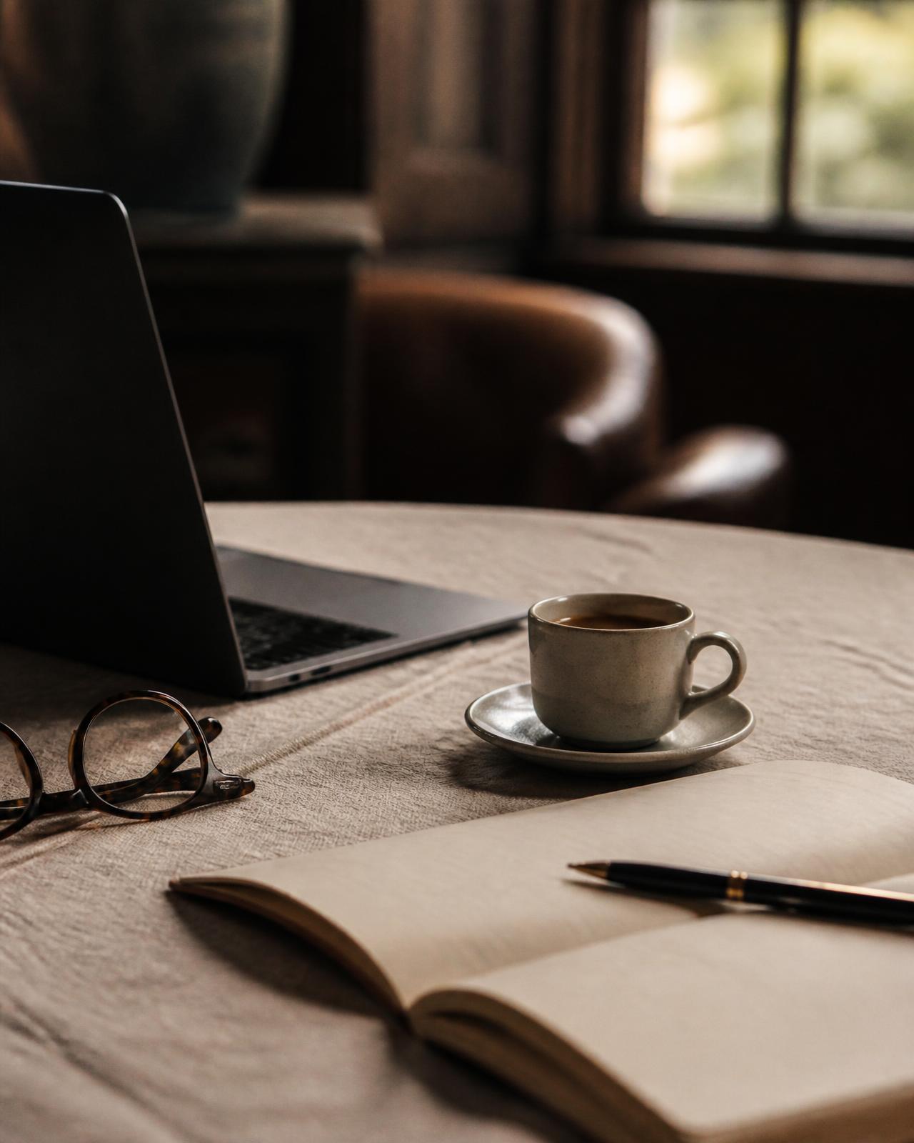 Laptop and coffee on the table at a Shipin working session