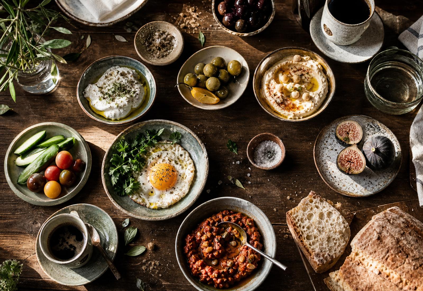 Mediterranean breakfast and mezze spread on a wooden table
