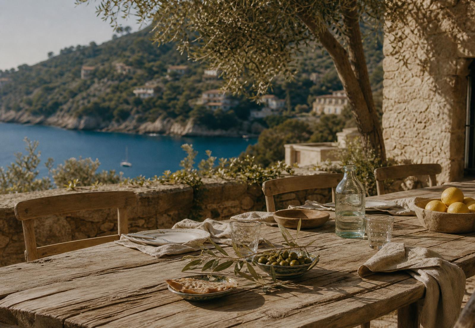 Mediterranean seaside villa terrace with a long table set for lunch above a blue bay