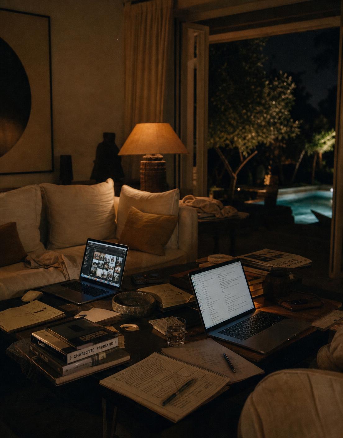 Villa living room turned into a night work space with laptops and sketches